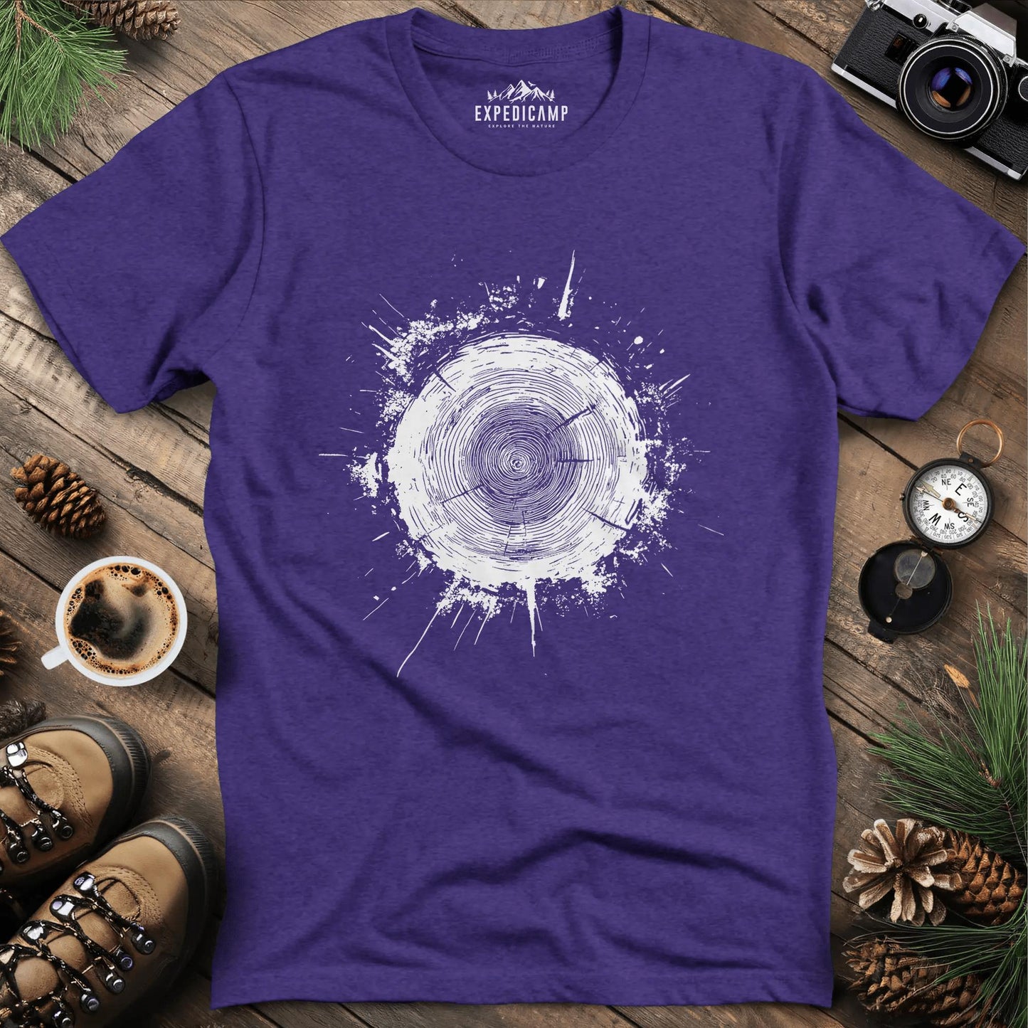 Tree Stump Cross-Section Art T-Shirt – Heather Purple – Outdoor apparel for travel, hiking, camping, and nature lovers – ExpediCamp