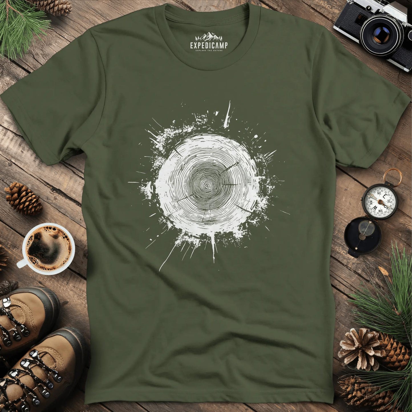 Tree Stump Cross-Section Art T-Shirt – Military Green – Outdoor apparel for travel, hiking, camping, and nature lovers – ExpediCamp