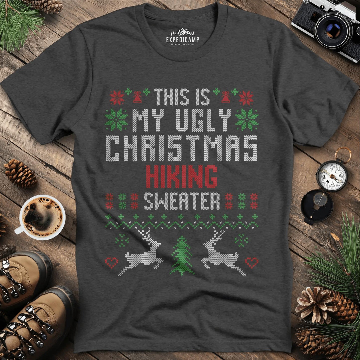 Ugly Christmas Hiking Sweater T-Shirt – Dark Heather – Outdoor apparel for travel, hiking, camping, and nature lovers – ExpediCamp