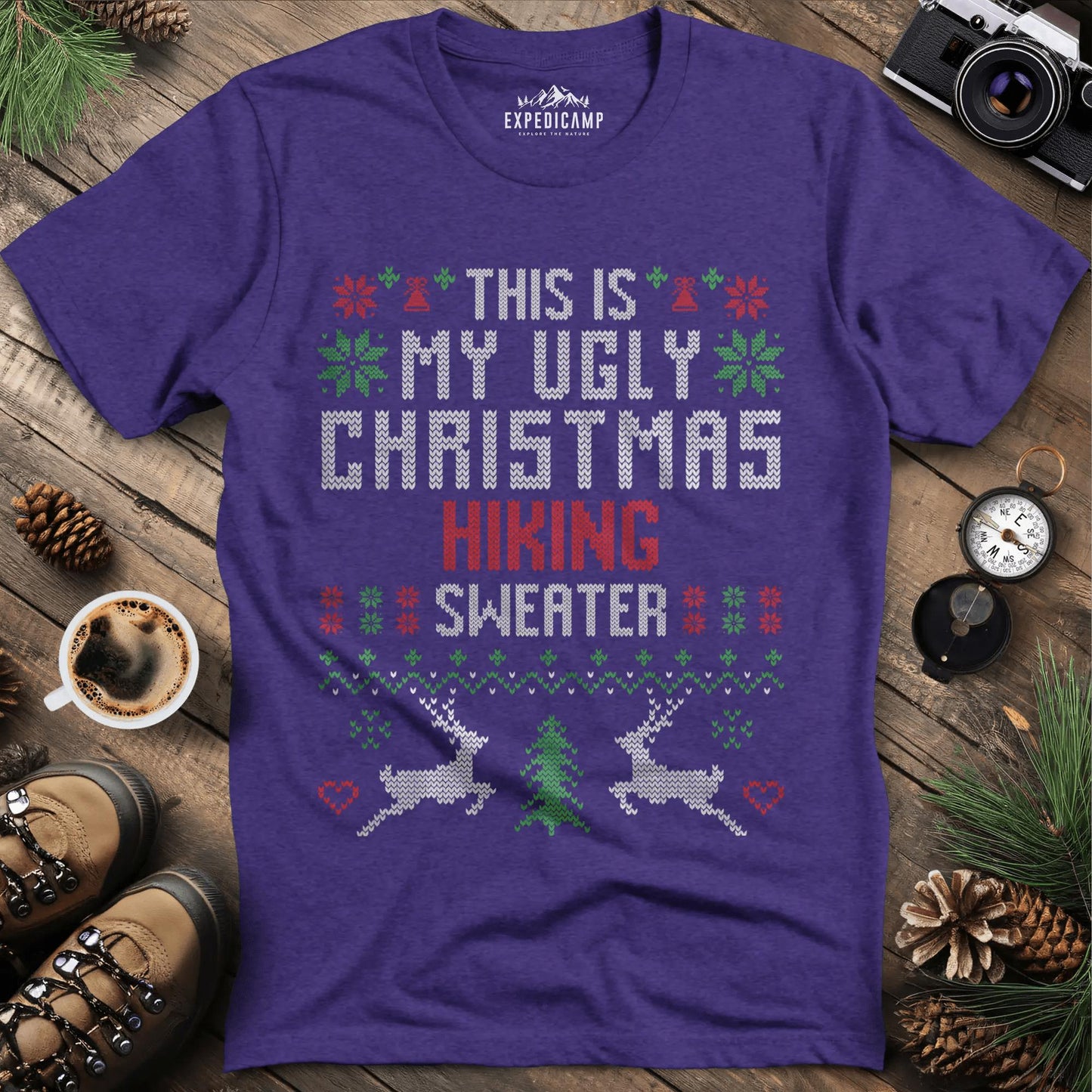 Ugly Christmas Hiking Sweater T-Shirt – Heather Purple – Outdoor apparel for travel, hiking, camping, and nature lovers – ExpediCamp