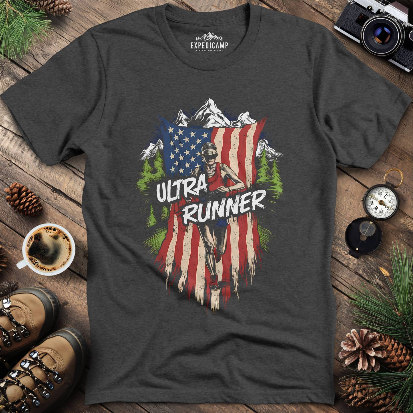 Ultra Runner USA – Patriotic Trail Running T-Shirt – Dark Heather – Outdoor apparel for travel, hiking, camping, and nature lovers – ExpediCamp