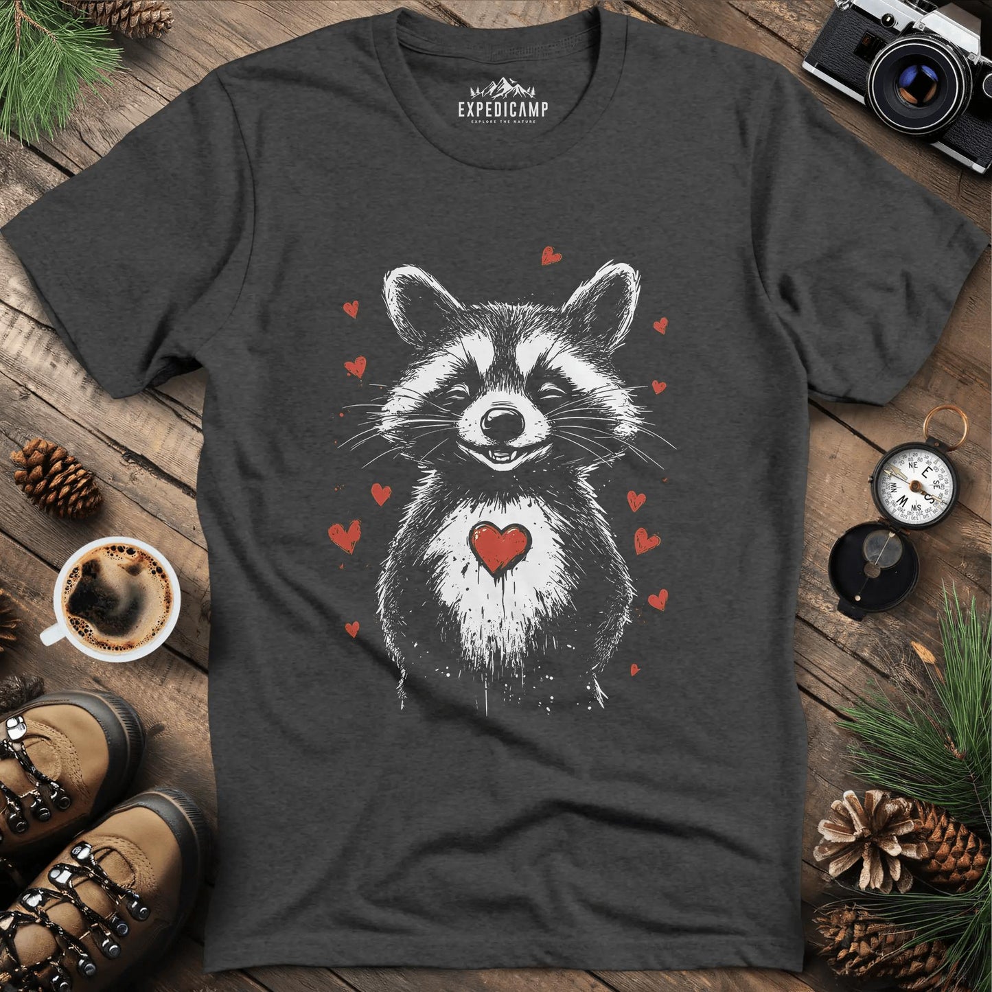 Valentine Raccoon Love T-Shirt – Dark Heather – Outdoor apparel for travel, hiking, camping, and nature lovers – ExpediCamp