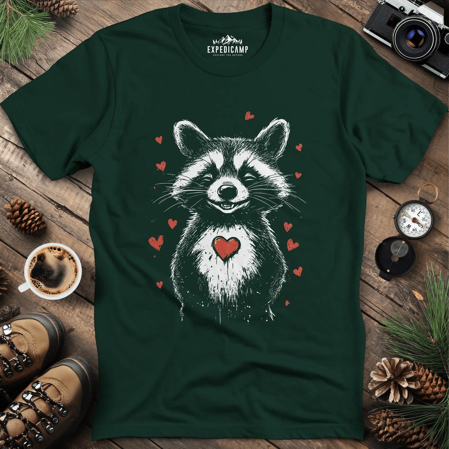 Valentine Raccoon Love T-Shirt – Forest Green – Outdoor apparel for travel, hiking, camping, and nature lovers – ExpediCamp