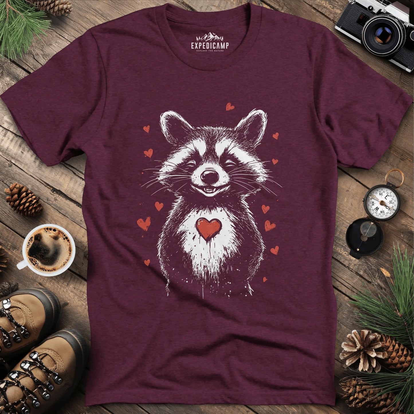 Valentine Raccoon Love T-Shirt – Heather Maroon – Outdoor apparel for travel, hiking, camping, and nature lovers – ExpediCamp