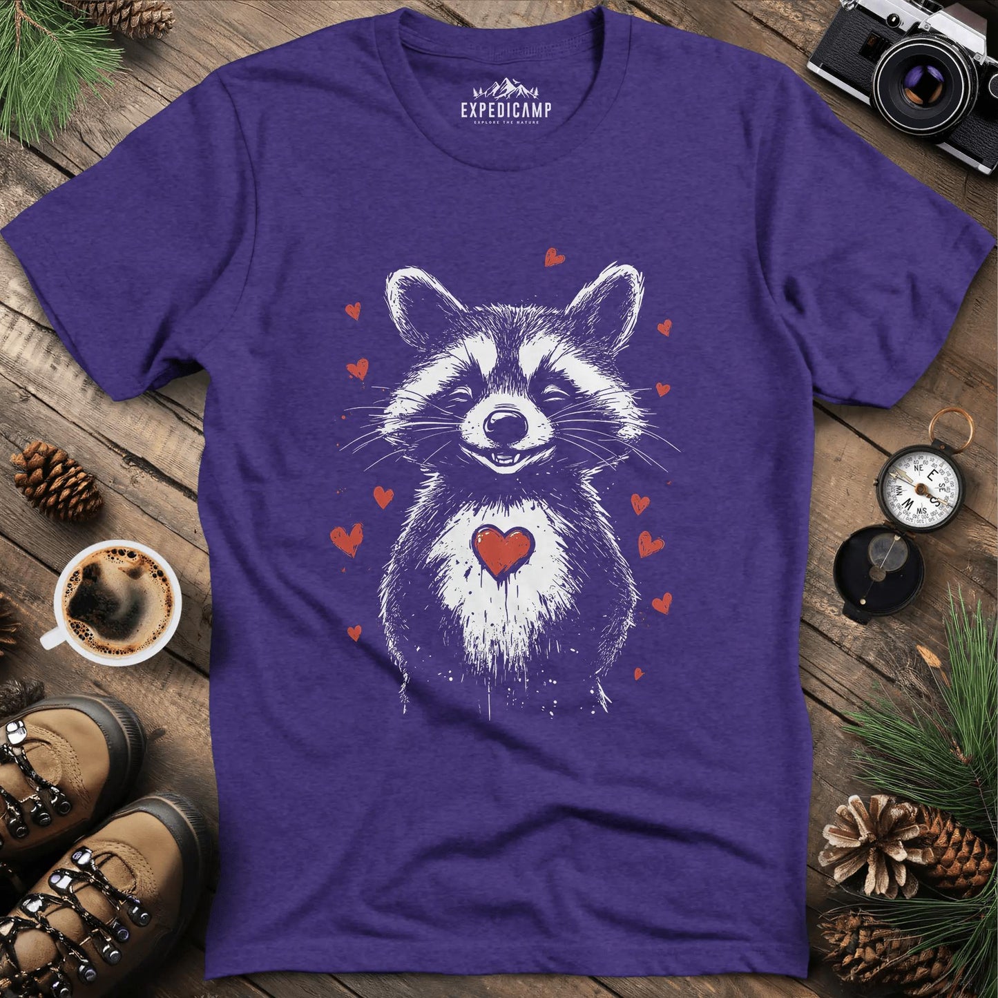 Valentine Raccoon Love T-Shirt – Heather Purple – Outdoor apparel for travel, hiking, camping, and nature lovers – ExpediCamp