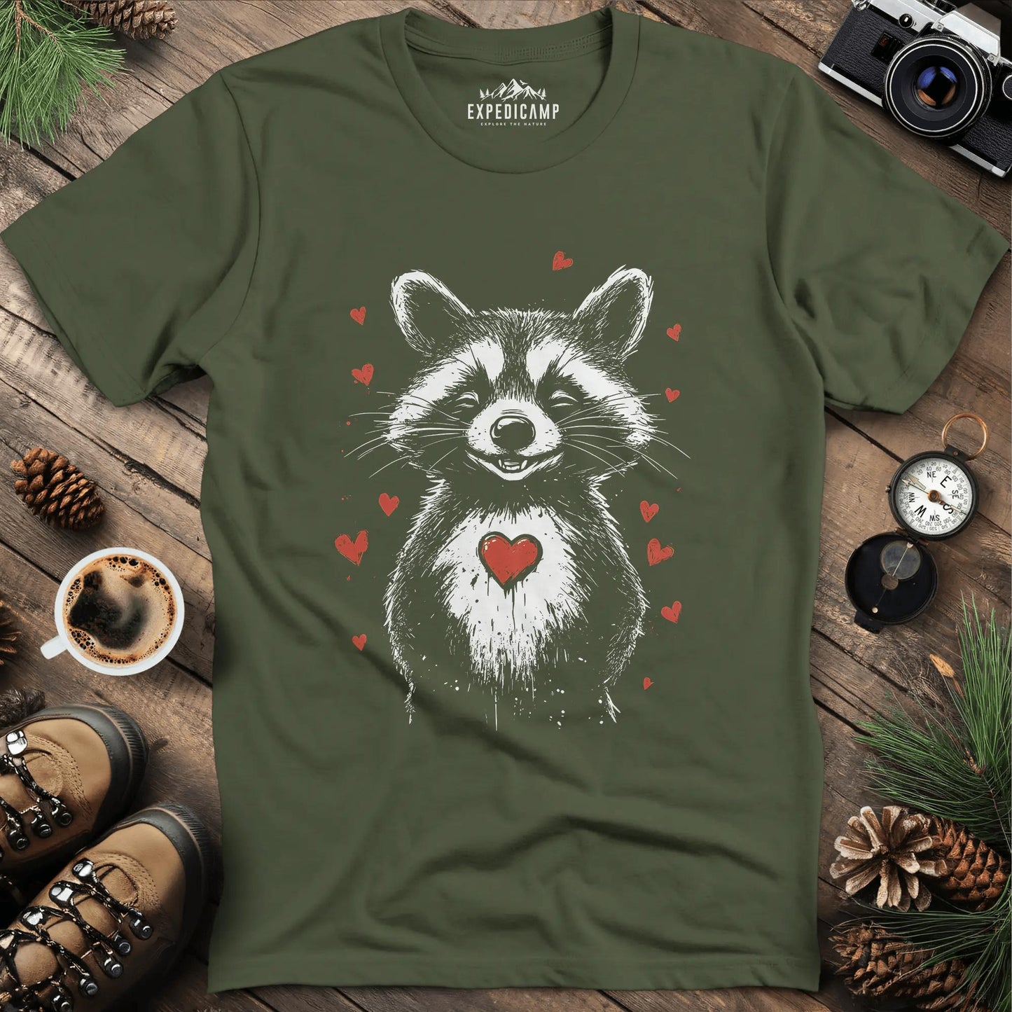 Valentine Raccoon Love T-Shirt – Military Green – Outdoor apparel for travel, hiking, camping, and nature lovers – ExpediCamp