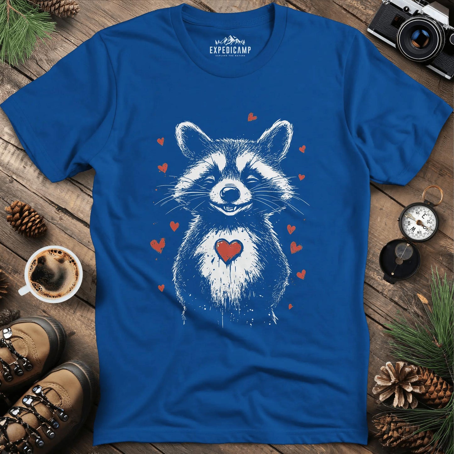 Valentine Raccoon Love T-Shirt – Royal – Outdoor apparel for travel, hiking, camping, and nature lovers – ExpediCamp