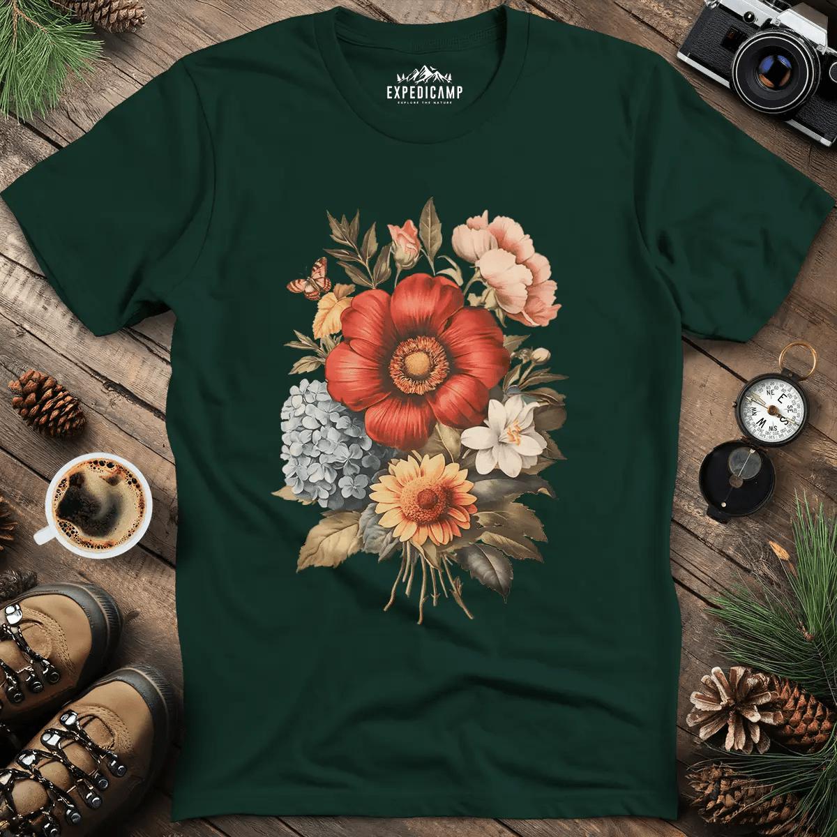 Vintage Floral Bouquet T-Shirt – Forest Green – Outdoor apparel for travel, hiking, camping, and nature lovers – ExpediCamp