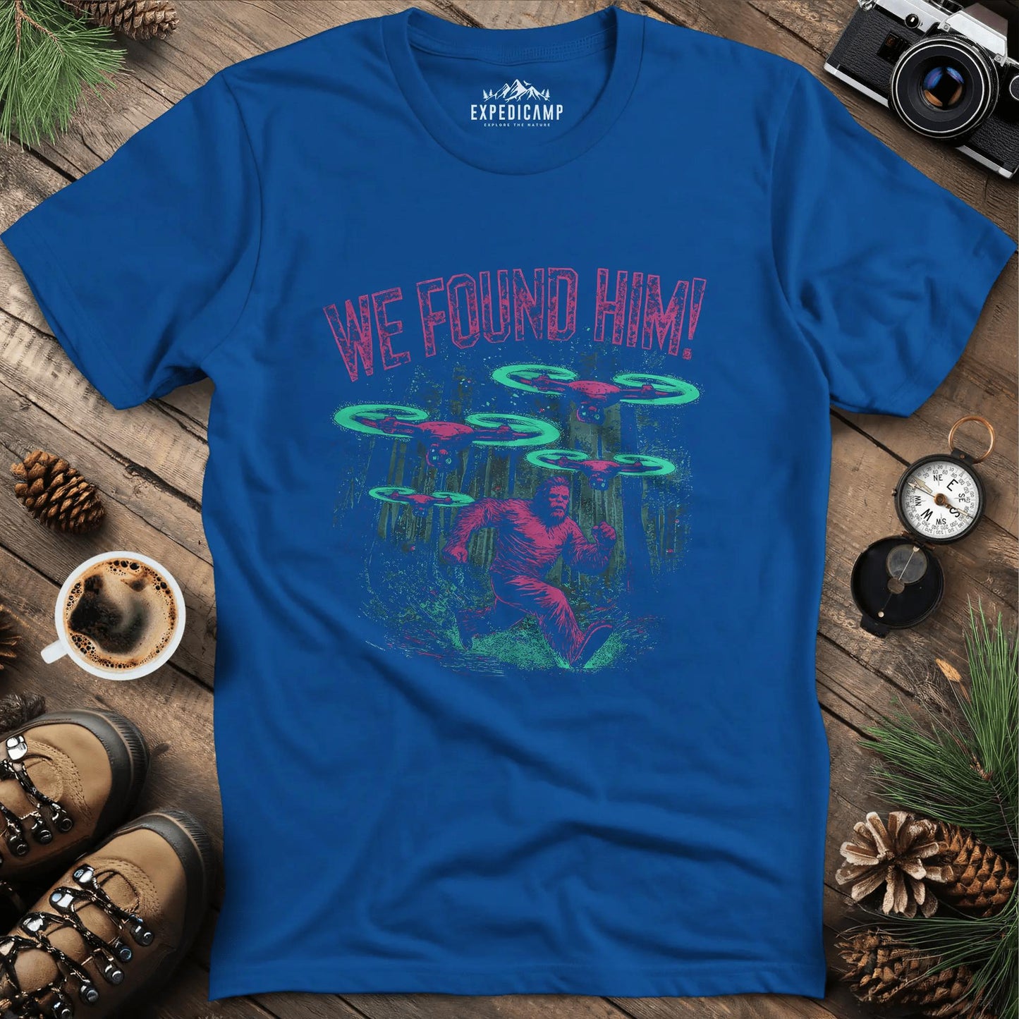 We Found Him Bigfoot T-Shirt – Royal – Outdoor apparel for travel, hiking, camping, and nature lovers – ExpediCamp