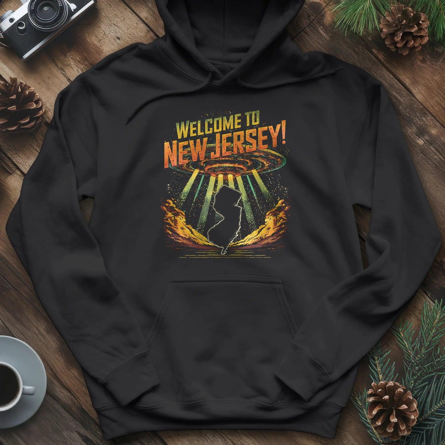 Welcome to New Jersey UFO Hoodie – Black – Outdoor apparel for travel, hiking, camping, and nature lovers – ExpediCamp