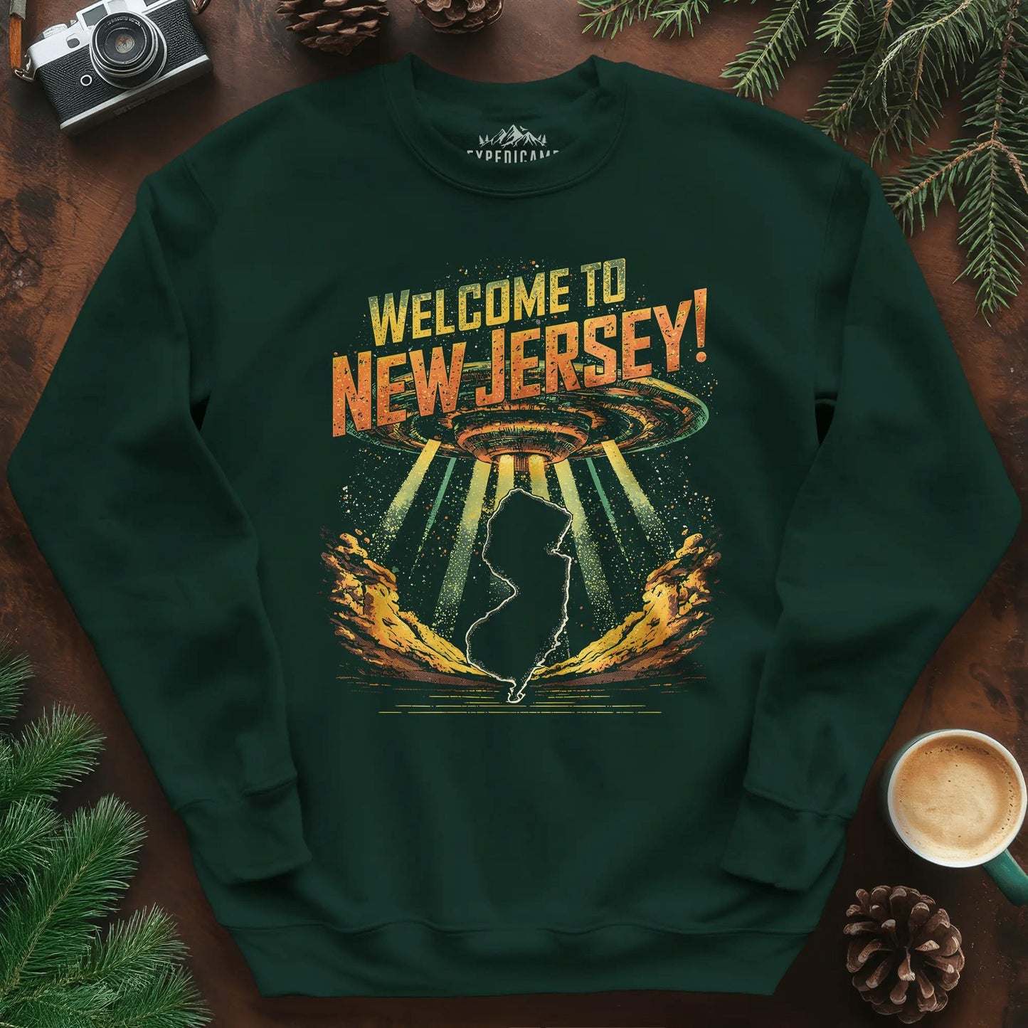 Welcome to New Jersey UFO Sweatshirt – Forest Green – Outdoor apparel for travel, hiking, camping, and nature lovers – ExpediCamp