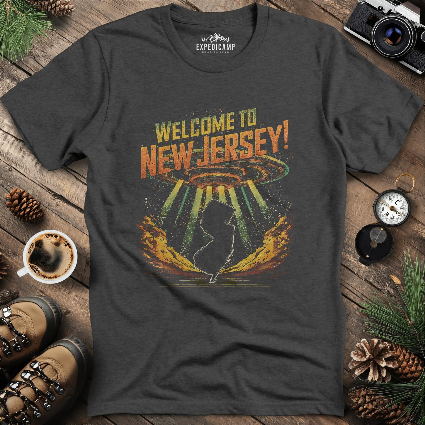 Welcome to New Jersey UFO T-Shirt – Dark Heather – Outdoor apparel for travel, hiking, camping, and nature lovers – ExpediCamp
