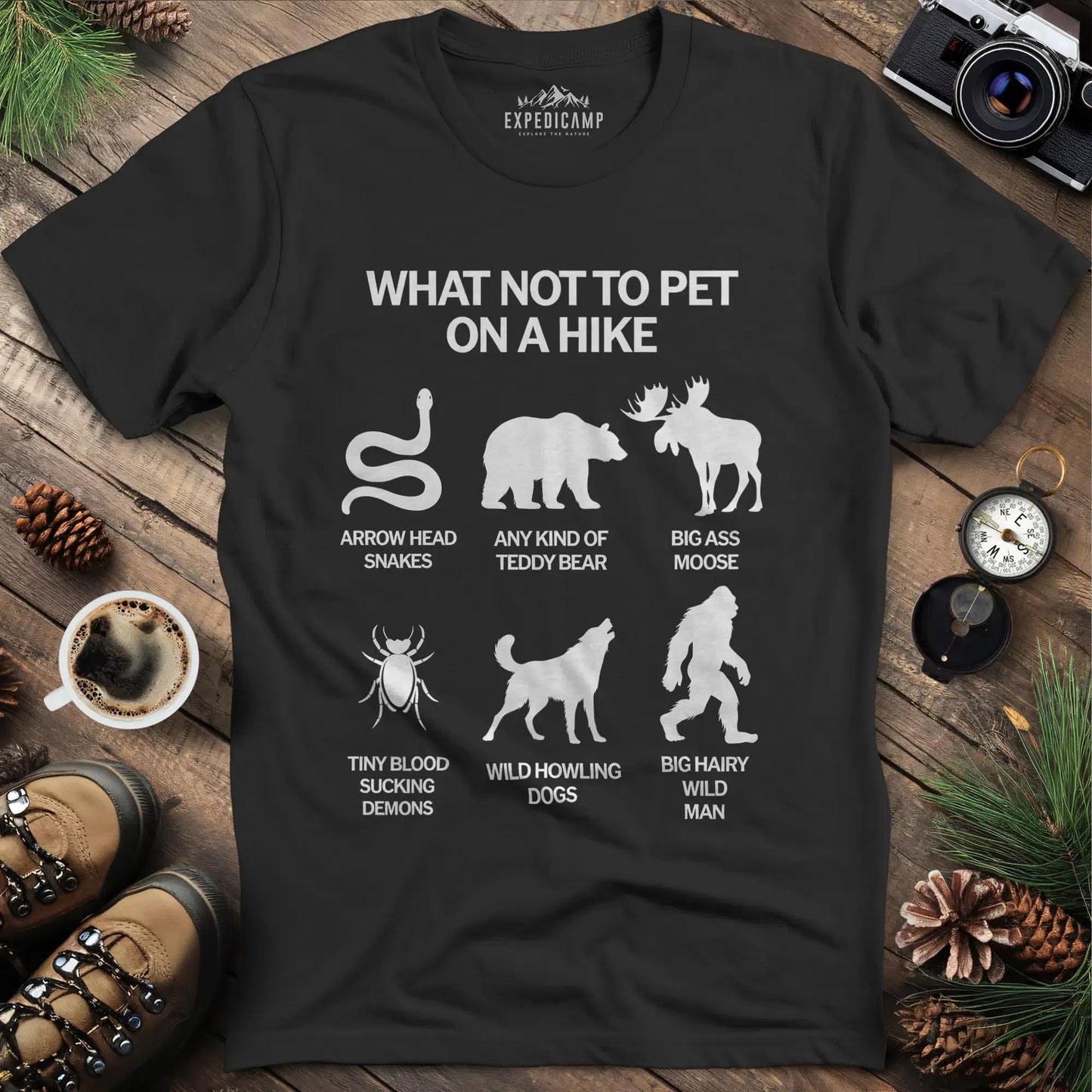 What Not To Pet On A Hike T-Shirt – Black – Outdoor apparel for travel, hiking, camping, and nature lovers – ExpediCamp