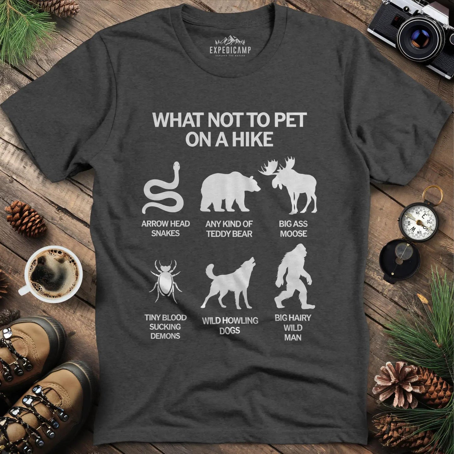 What Not To Pet On A Hike T-Shirt – Dark Heather – Outdoor apparel for travel, hiking, camping, and nature lovers – ExpediCamp