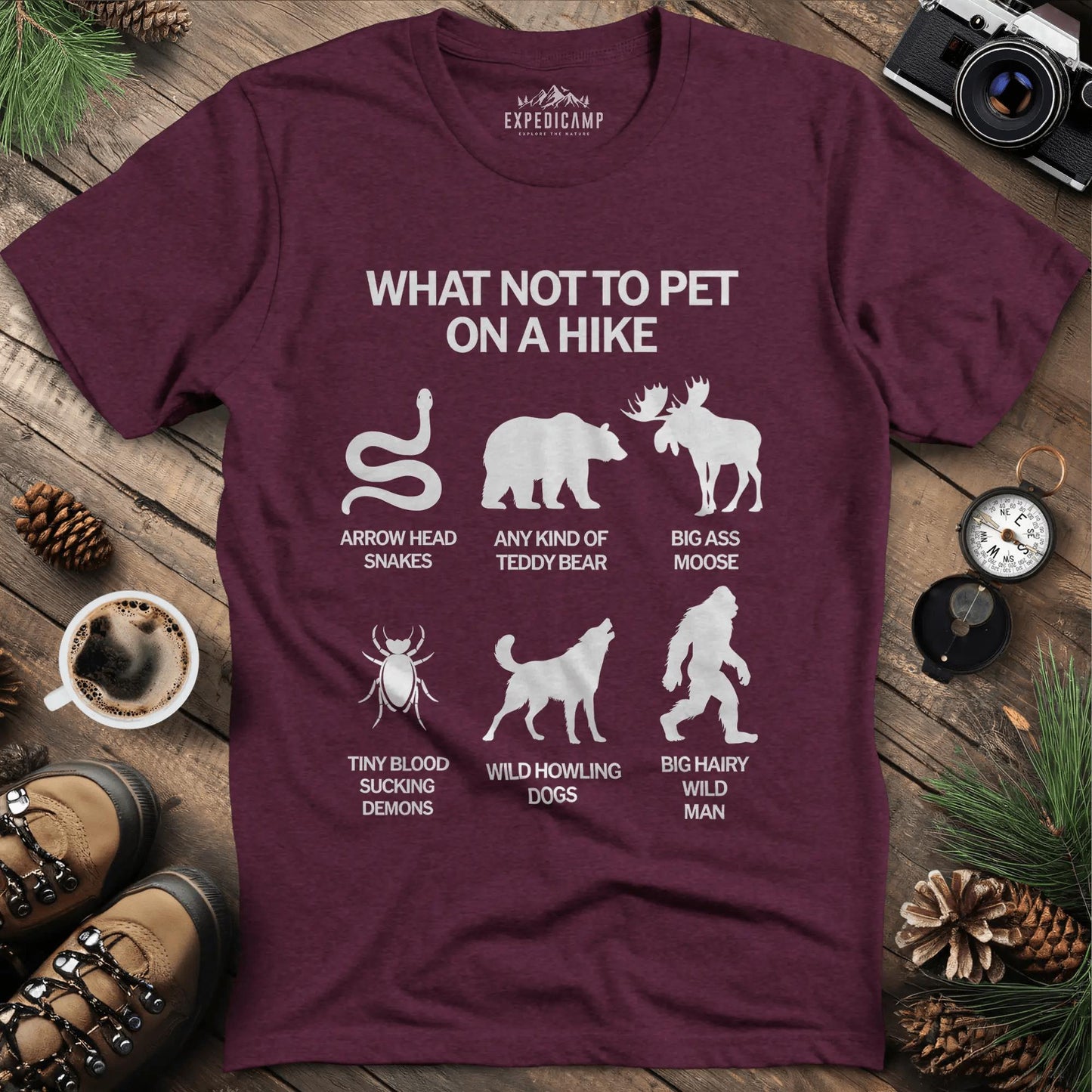 What Not To Pet On A Hike T-Shirt – Heather Maroon – Outdoor apparel for travel, hiking, camping, and nature lovers – ExpediCamp
