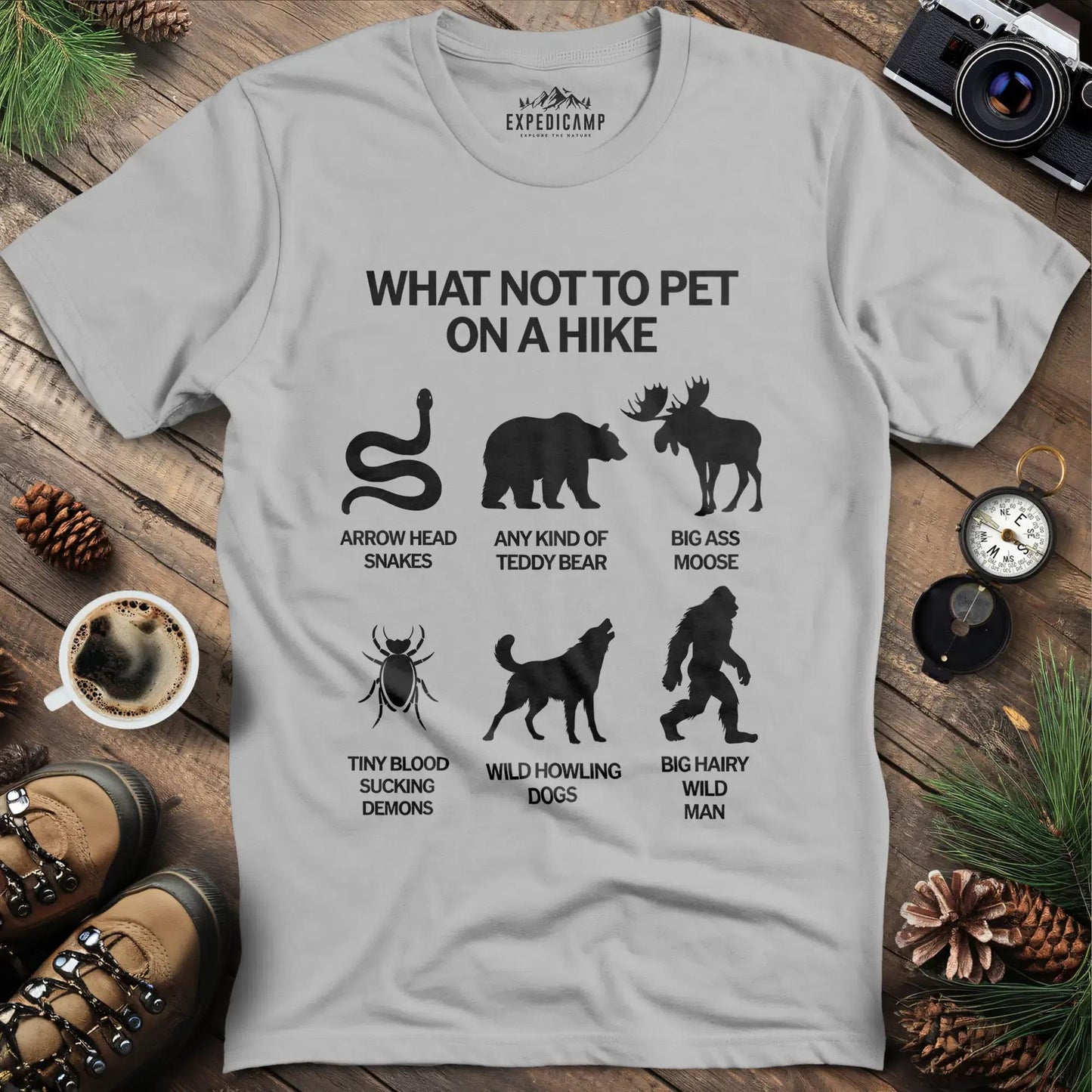 What Not To Pet On A Hike T-Shirt – Ice Grey – Outdoor apparel for travel, hiking, camping, and nature lovers – ExpediCamp