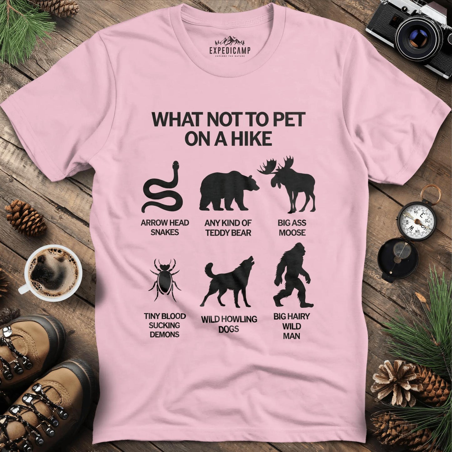 What Not To Pet On A Hike T-Shirt – Light Pink – Outdoor apparel for travel, hiking, camping, and nature lovers – ExpediCamp