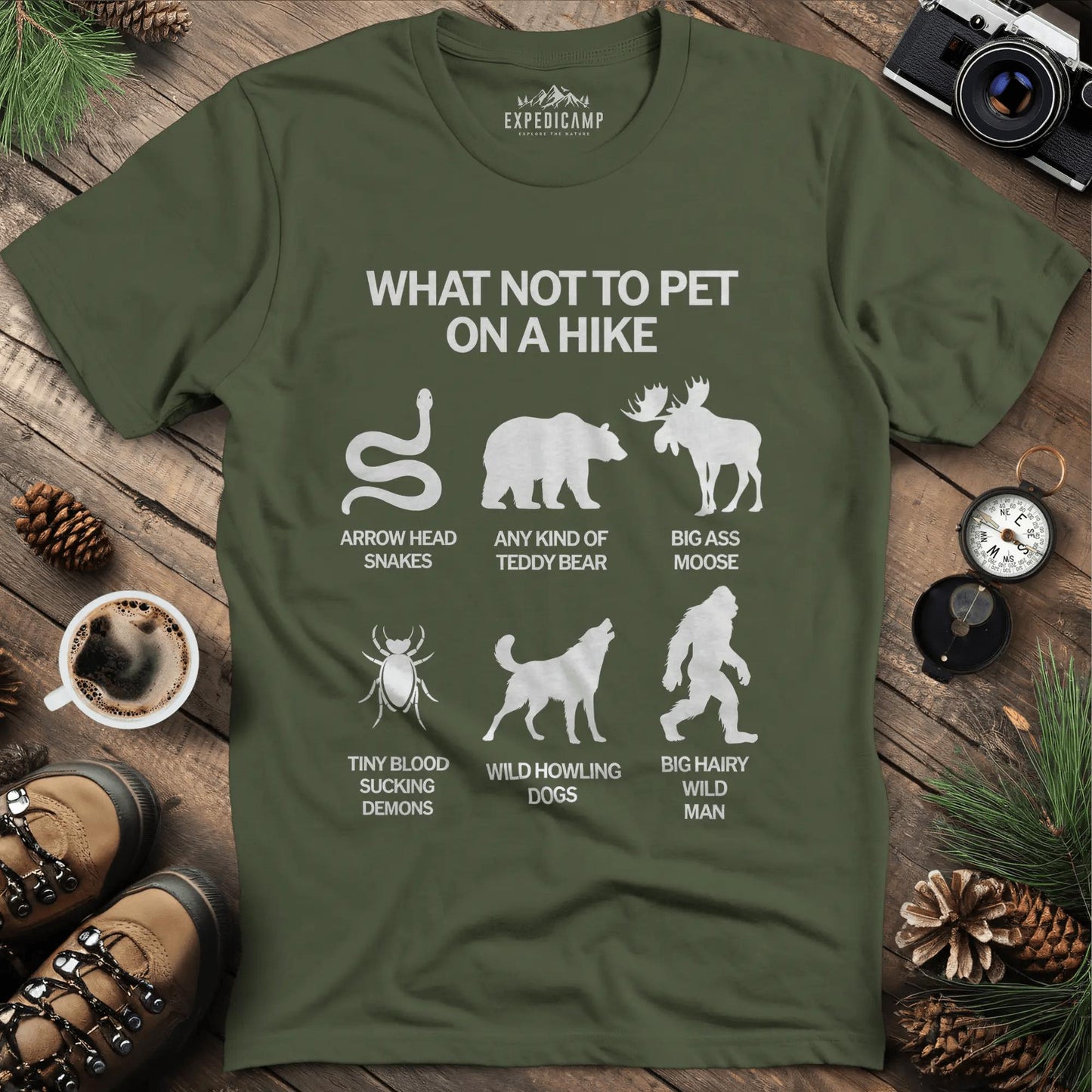 What Not To Pet On A Hike T-Shirt – Military Green – Outdoor apparel for travel, hiking, camping, and nature lovers – ExpediCamp