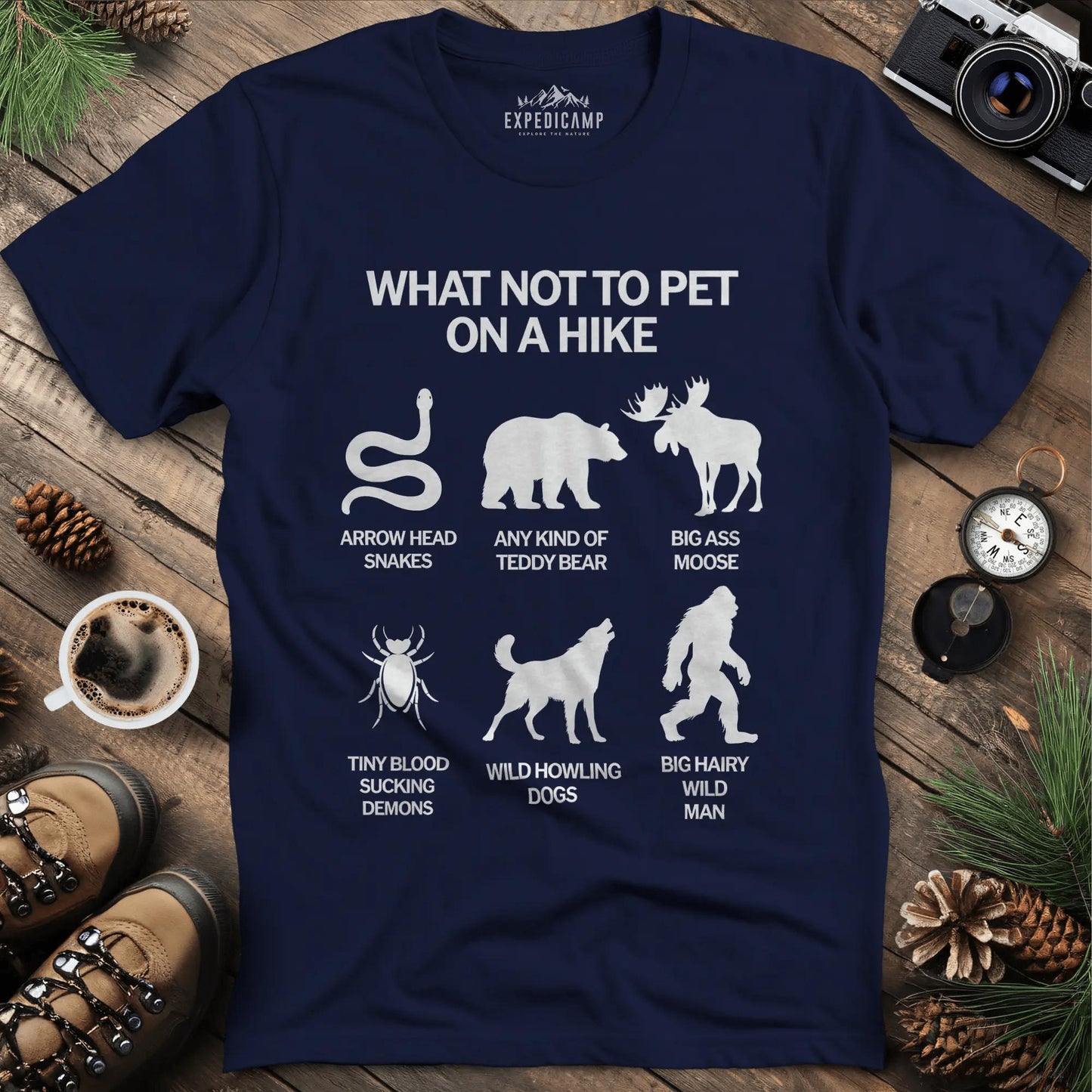 What Not To Pet On A Hike T-Shirt – Navy – Outdoor apparel for travel, hiking, camping, and nature lovers – ExpediCamp