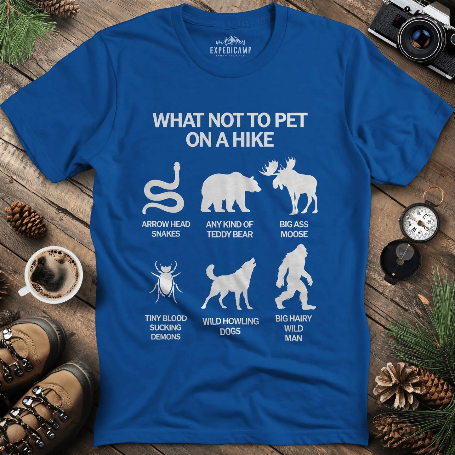 What Not To Pet On A Hike T-Shirt – Royal – Outdoor apparel for travel, hiking, camping, and nature lovers – ExpediCamp