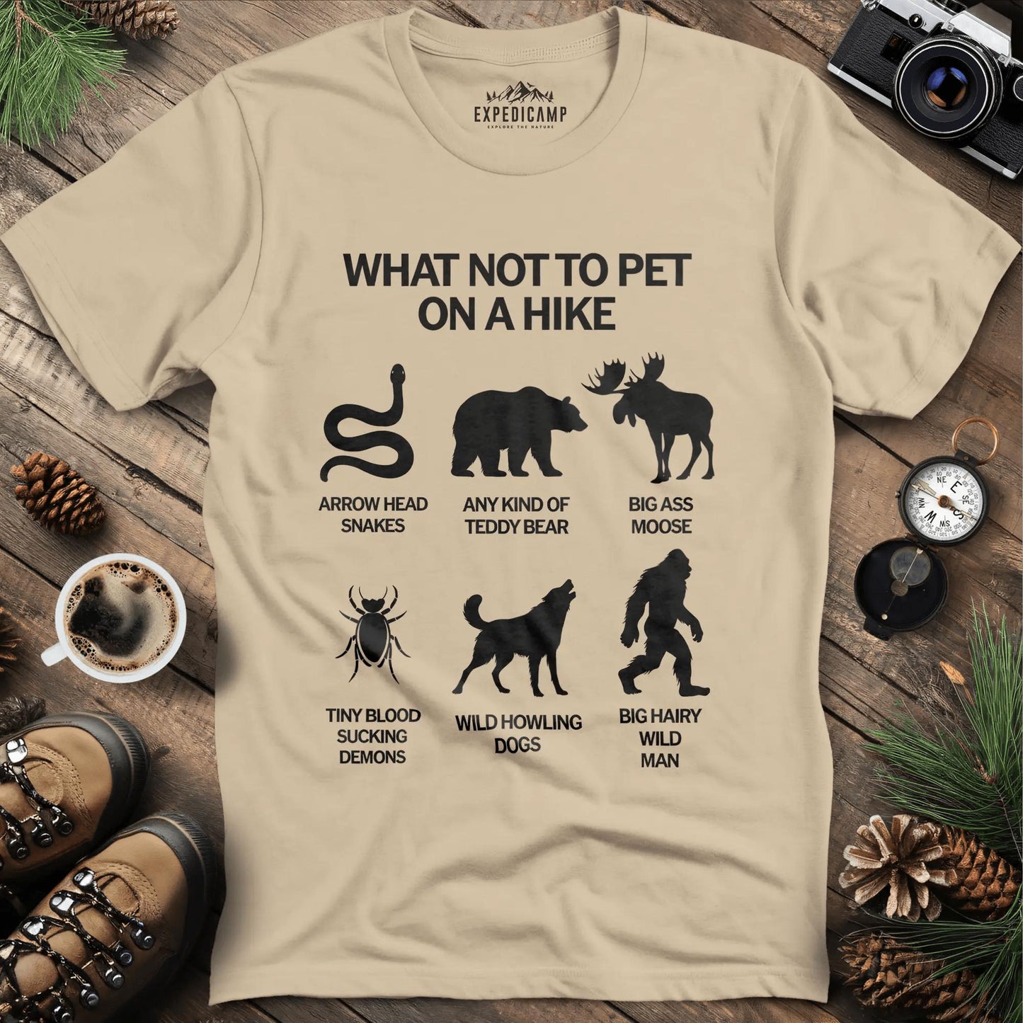 What Not To Pet On A Hike T-Shirt – Sand – Outdoor apparel for travel, hiking, camping, and nature lovers – ExpediCamp
