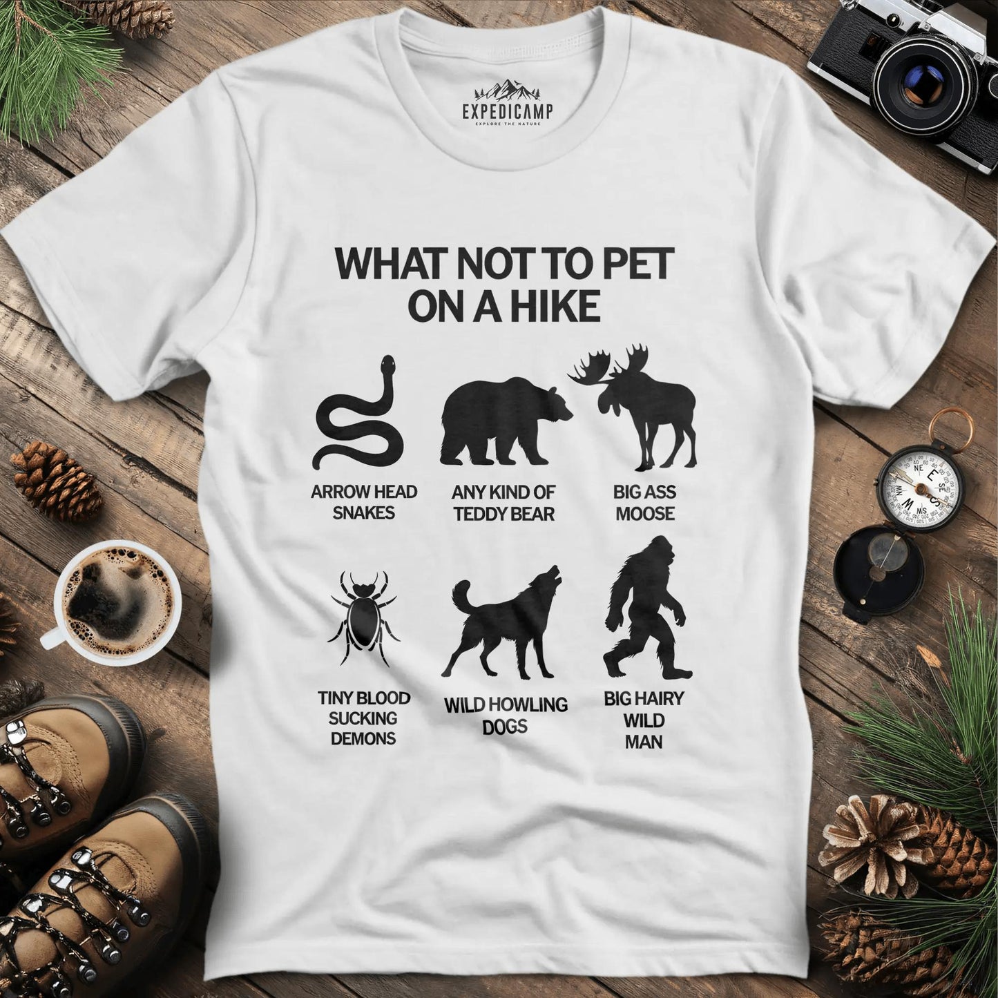 What Not To Pet On A Hike T-Shirt – White – Outdoor apparel for travel, hiking, camping, and nature lovers – ExpediCamp