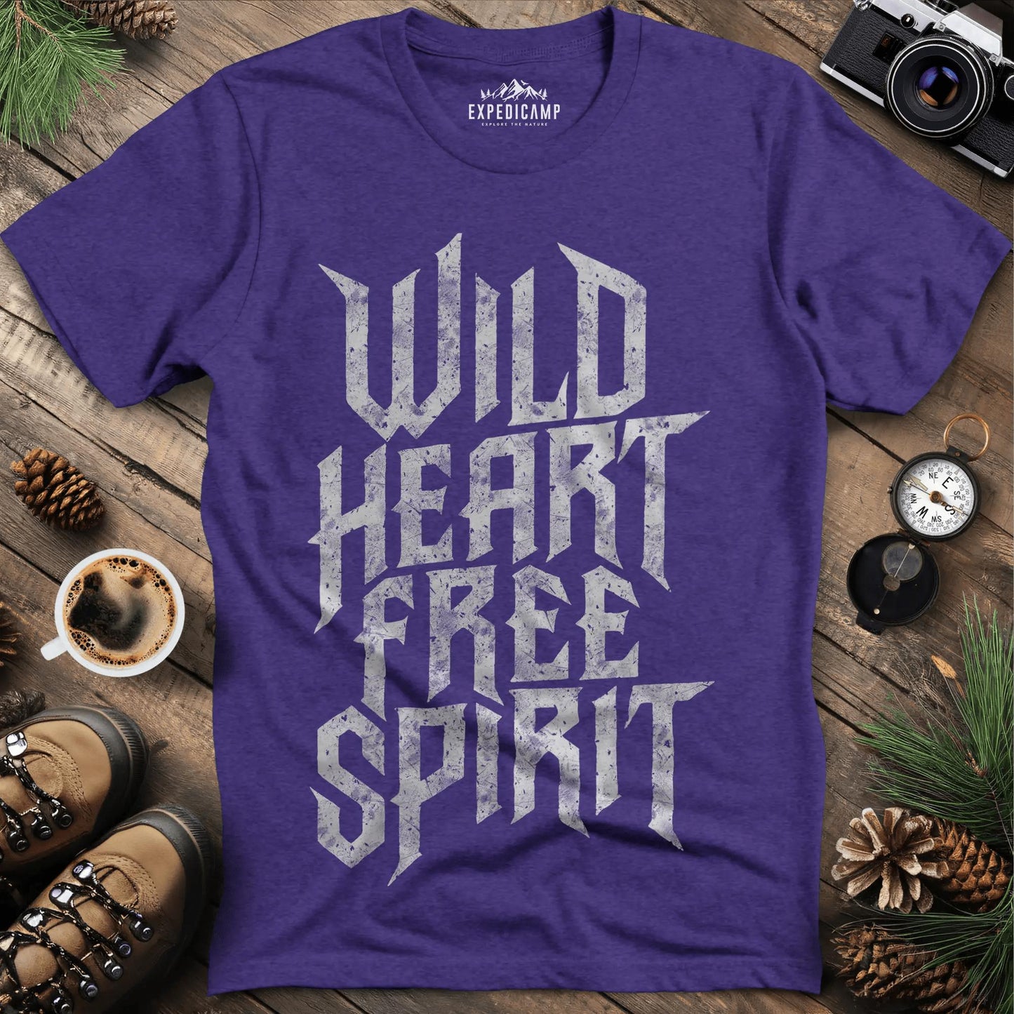 Wild Heart Free Spirit T-Shirt – Heather Purple – Outdoor apparel for travel, hiking, camping, and nature lovers – ExpediCamp