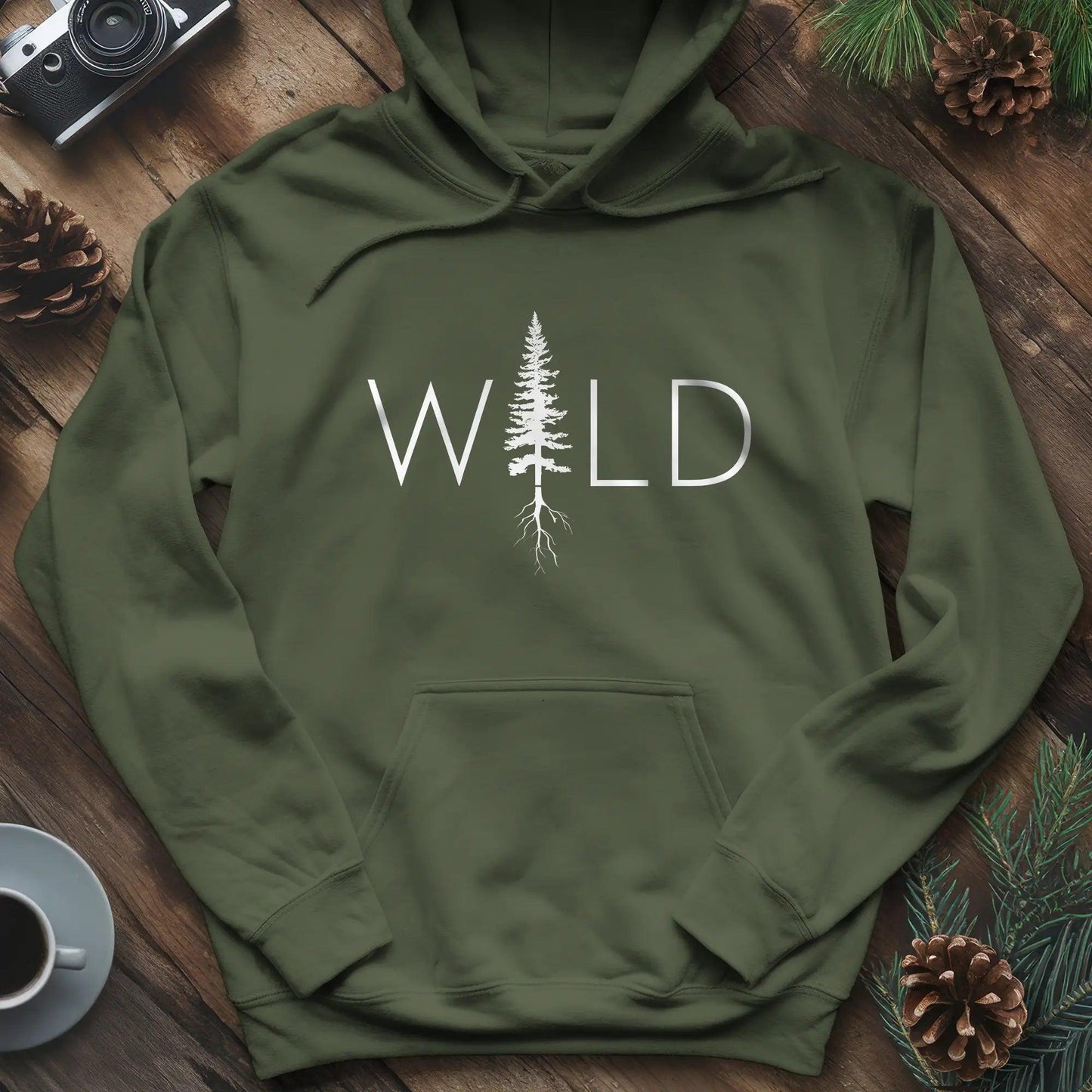 Wild Hoodie – Nature Lover's Adventure Hoodie – Military Green – Outdoor apparel for travel, hiking, camping, and nature lovers – ExpediCamp