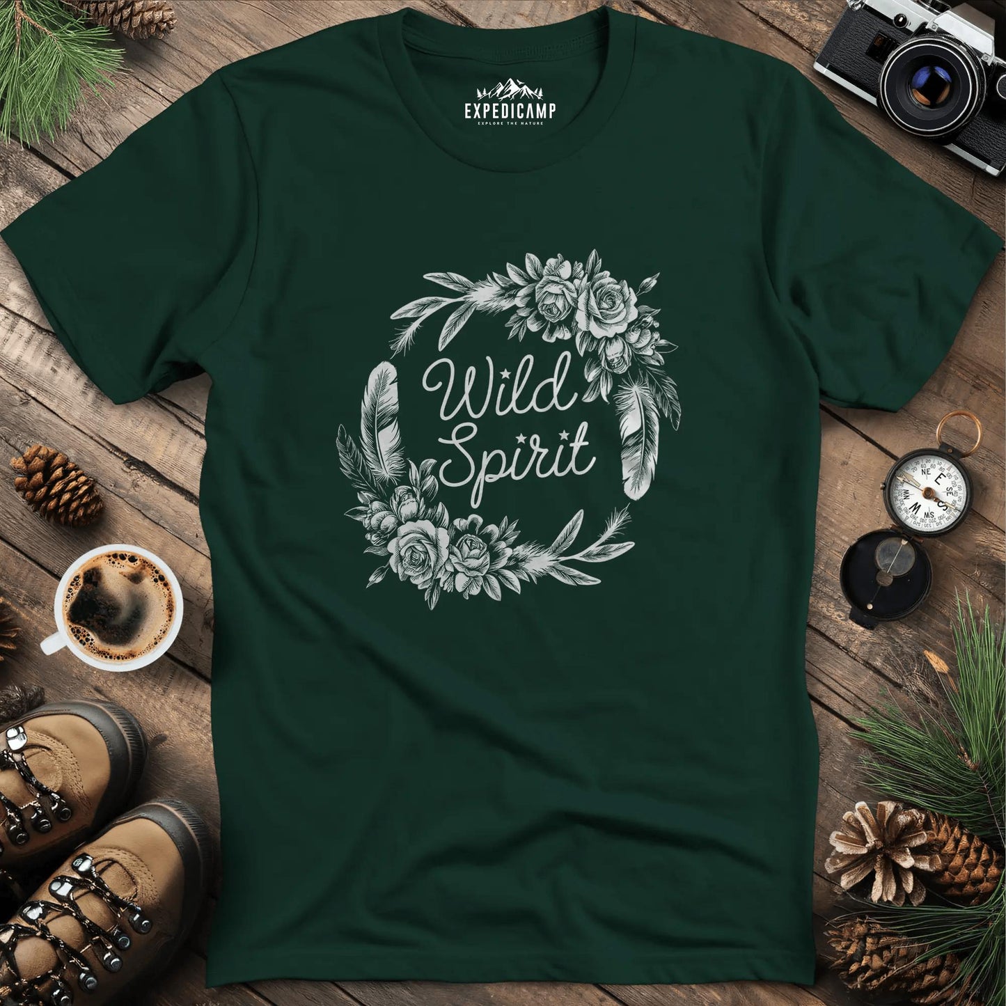 Wild Spirit Floral T-Shirt – Forest Green – Outdoor apparel for travel, hiking, camping, and nature lovers – ExpediCamp