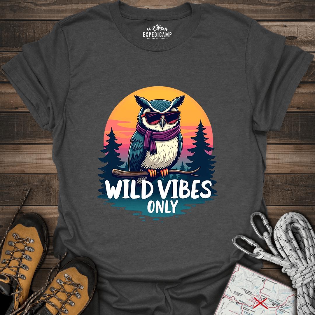 Wild Vibes Only Owl T-Shirt – Fun Adventure & Camping – Dark Heather – Outdoor apparel for travel, hiking, camping, and nature lovers – ExpediCamp