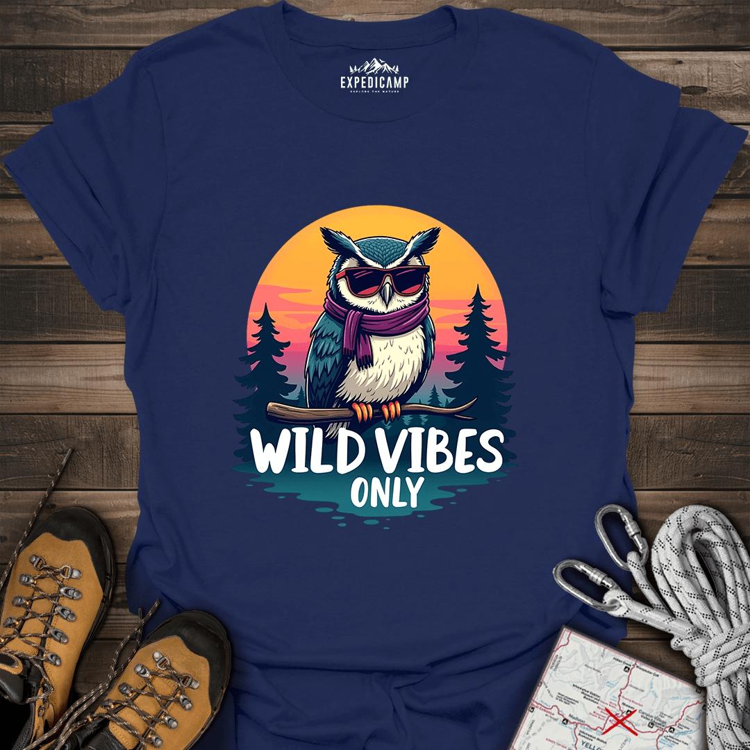 Wild Vibes Only Owl T-Shirt – Fun Adventure & Camping – Navy – Outdoor apparel for travel, hiking, camping, and nature lovers – ExpediCamp