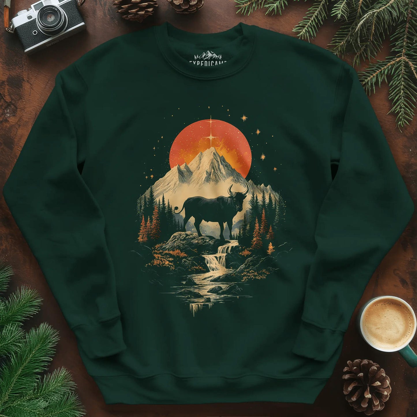 Wilderness Buffalo Sunset Sweatshirt – Forest Green – Outdoor apparel for travel, hiking, camping, and nature lovers – ExpediCamp