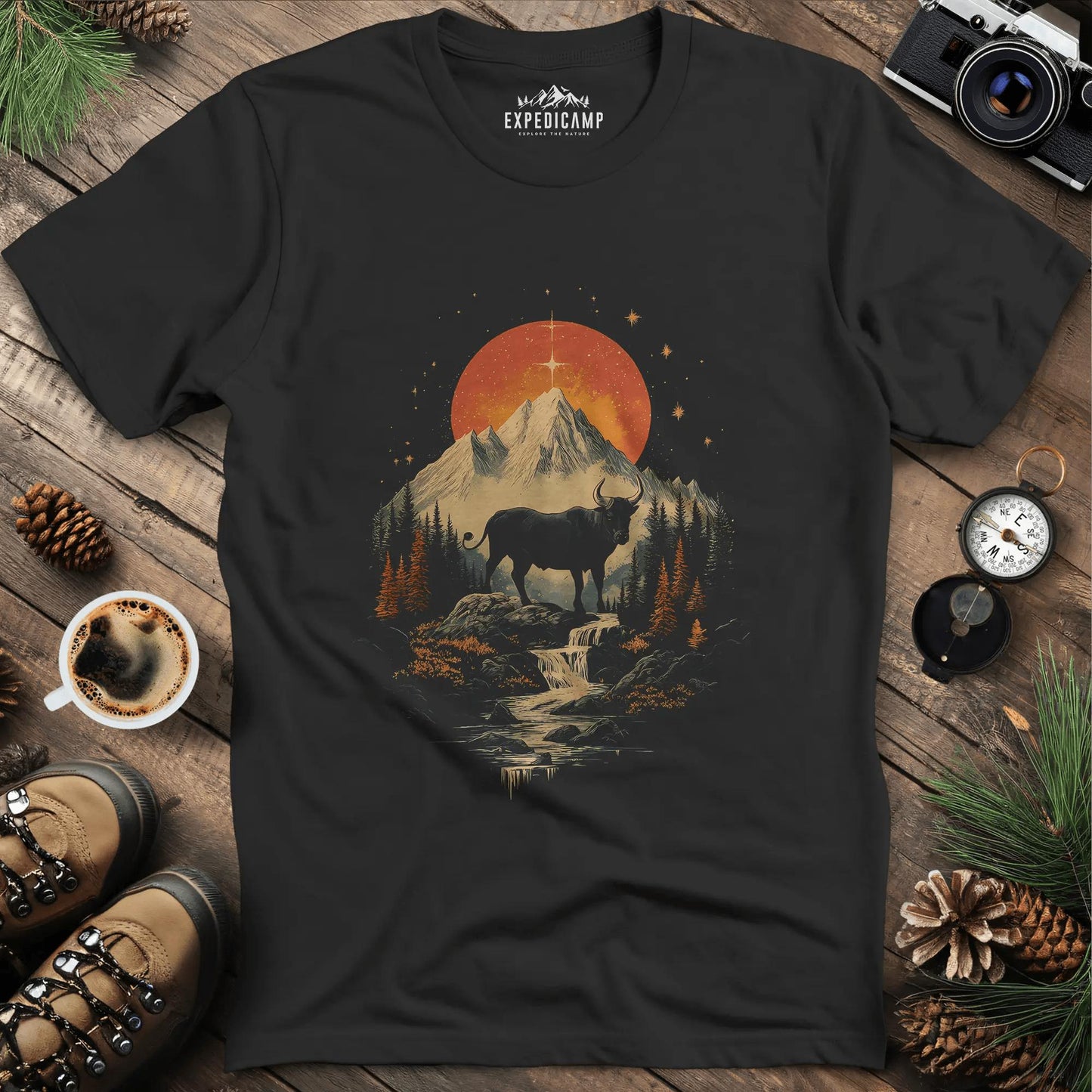Wilderness Buffalo Sunset T-Shirt – Black – Outdoor apparel for travel, hiking, camping, and nature lovers – ExpediCamp