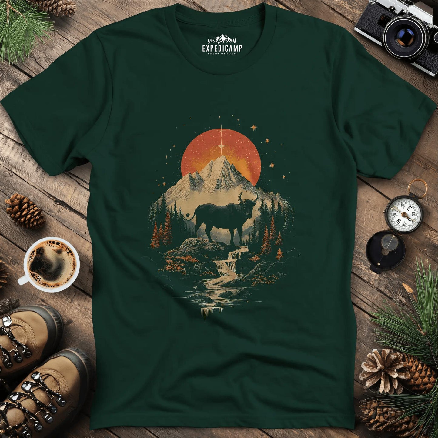 Wilderness Buffalo Sunset T-Shirt – Forest Green – Outdoor apparel for travel, hiking, camping, and nature lovers – ExpediCamp