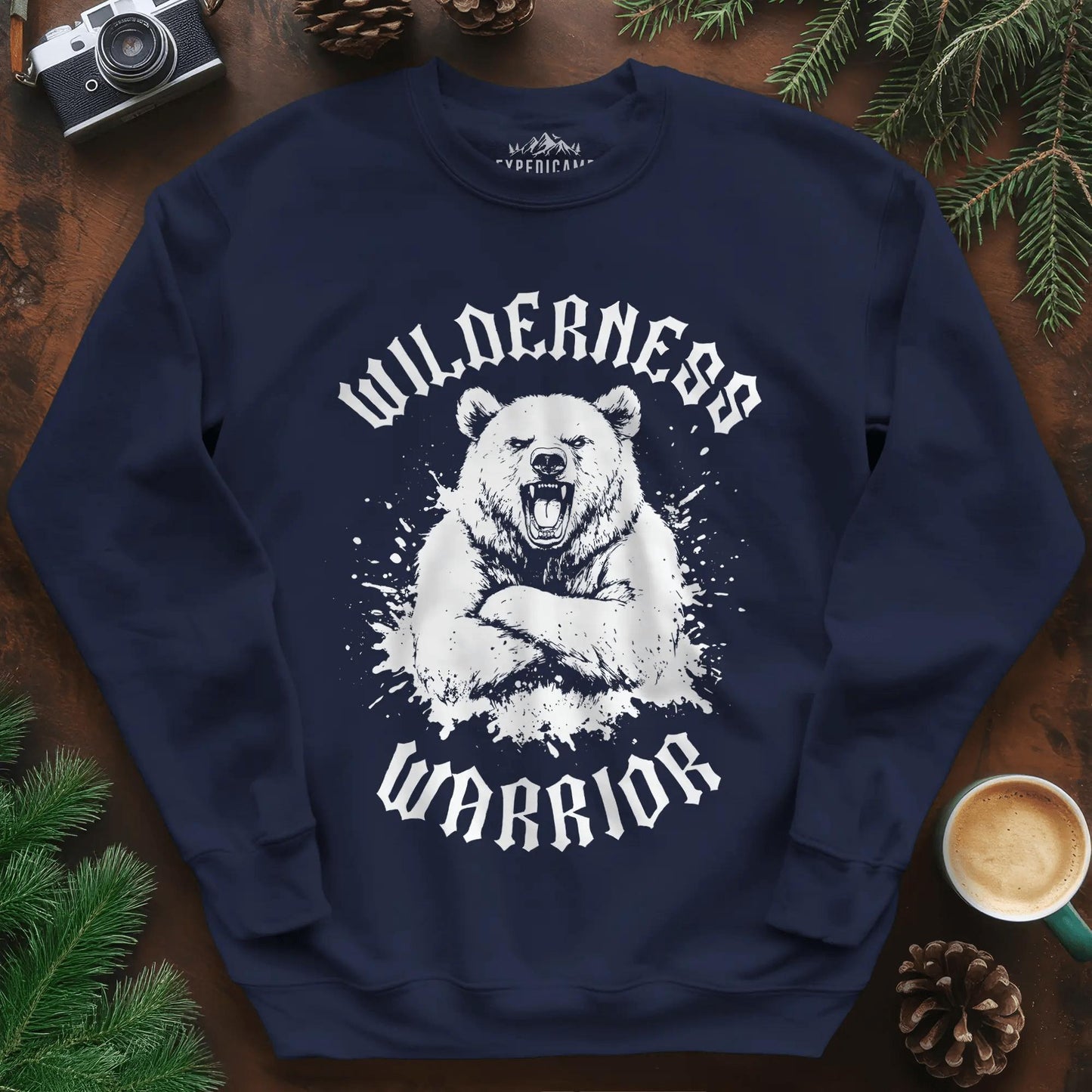 Wilderness Warrior Sweatshirt – Navy – Outdoor apparel for travel, hiking, camping, and nature lovers – ExpediCamp