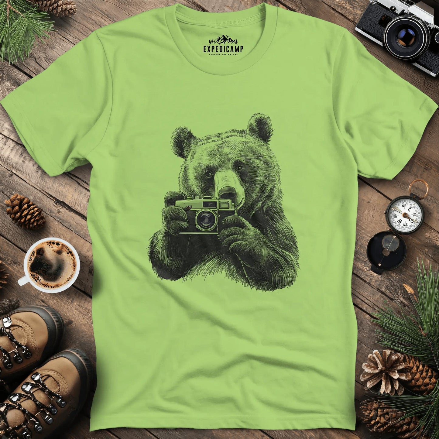 Wildlife Photographer Bear T-Shirt – Kiwi – Outdoor apparel for travel, hiking, camping, and nature lovers – ExpediCamp