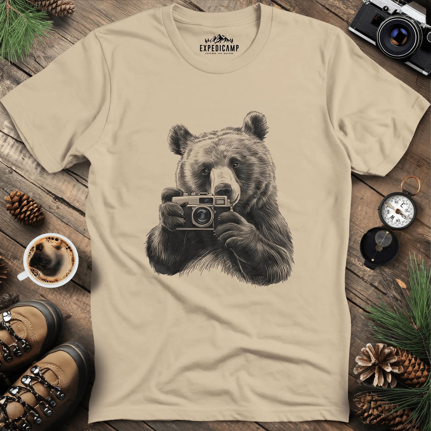 Wildlife Photographer Bear T-Shirt – Sand – Outdoor apparel for travel, hiking, camping, and nature lovers – ExpediCamp