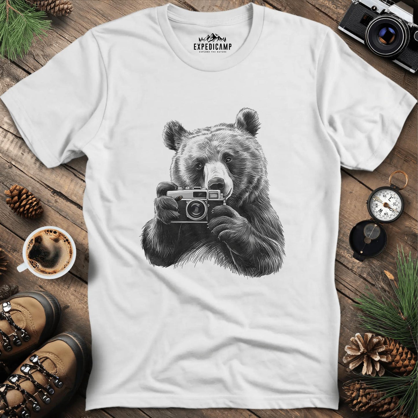 Wildlife Photographer Bear T-Shirt – White – Outdoor apparel for travel, hiking, camping, and nature lovers – ExpediCamp