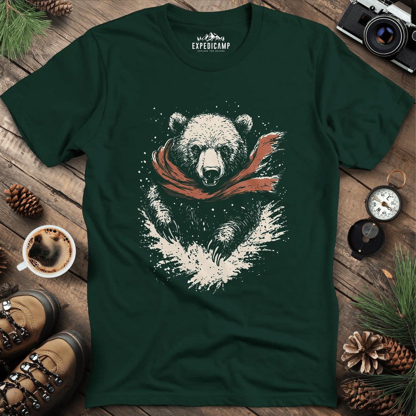 Winter Bear Scarf T-Shirt – Cozy Wilderness Design – Forest Green – Outdoor apparel for travel, hiking, camping, and nature lovers – ExpediCamp