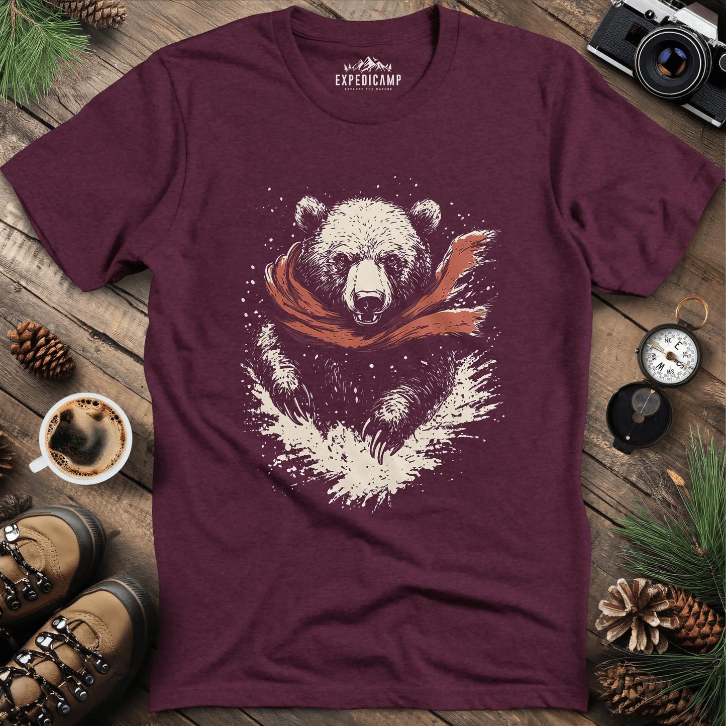 Winter Bear Scarf T-Shirt – Cozy Wilderness Design – Heather Maroon – Outdoor apparel for travel, hiking, camping, and nature lovers – ExpediCamp