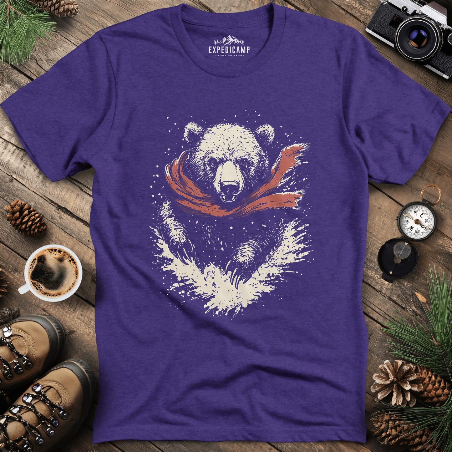 Winter Bear Scarf T-Shirt – Cozy Wilderness Design – Heather Purple – Outdoor apparel for travel, hiking, camping, and nature lovers – ExpediCamp