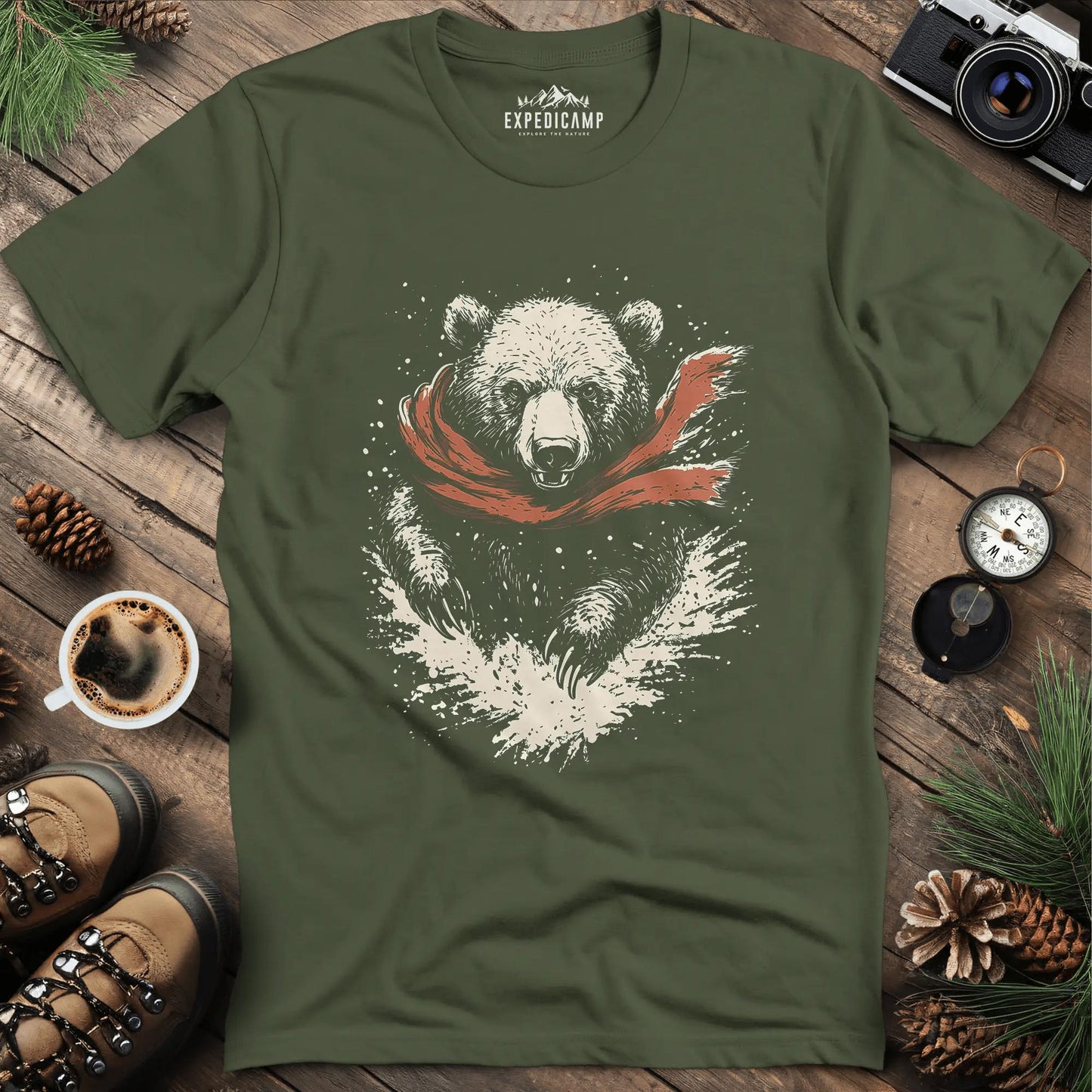 Winter Bear Scarf T-Shirt – Cozy Wilderness Design – Military Green – Outdoor apparel for travel, hiking, camping, and nature lovers – ExpediCamp