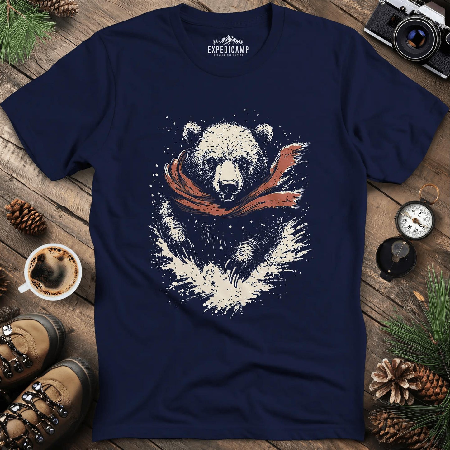 Winter Bear Scarf T-Shirt – Cozy Wilderness Design – Navy – Outdoor apparel for travel, hiking, camping, and nature lovers – ExpediCamp
