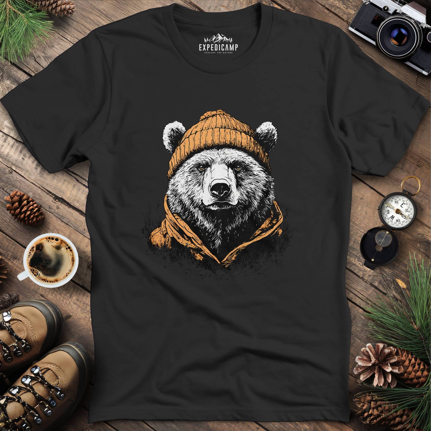 Winter Explorer Bear T-Shirt – Black – Outdoor apparel for travel, hiking, camping, and nature lovers – ExpediCamp