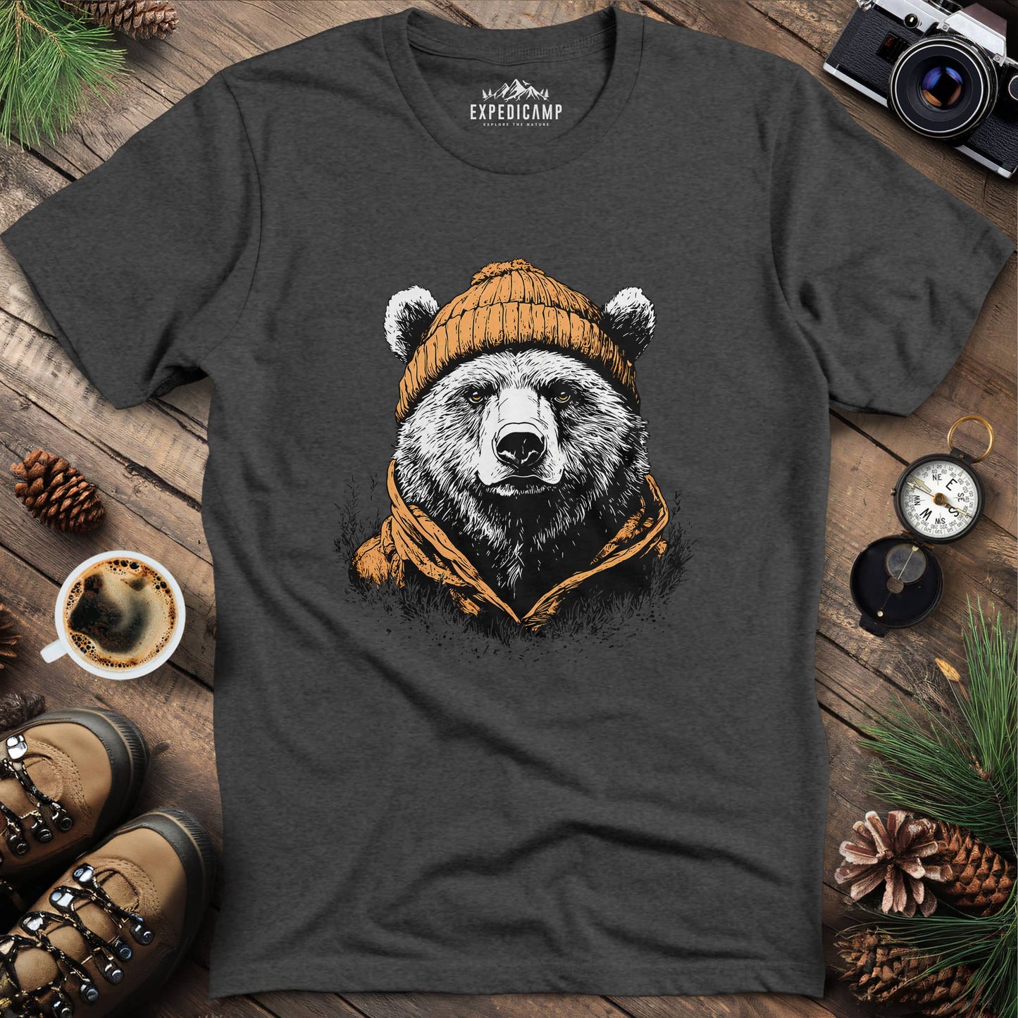 Winter Explorer Bear T-Shirt – Dark Heather – Outdoor apparel for travel, hiking, camping, and nature lovers – ExpediCamp