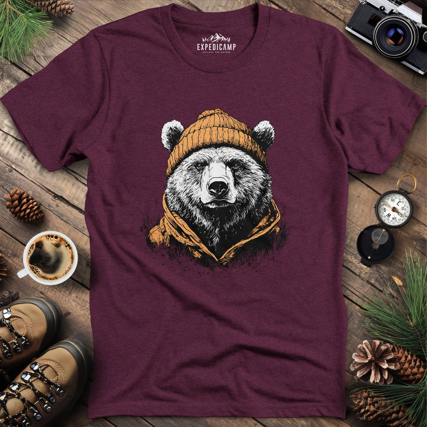 Winter Explorer Bear T-Shirt – Heather Maroon – Outdoor apparel for travel, hiking, camping, and nature lovers – ExpediCamp