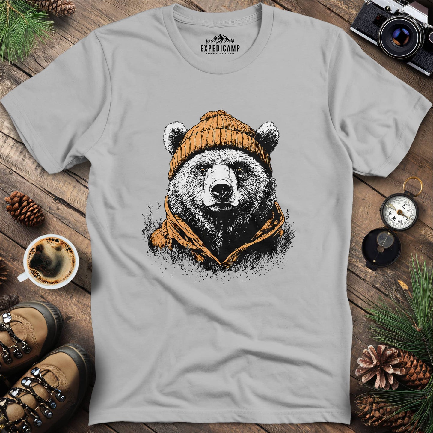 Winter Explorer Bear T-Shirt – Ice Grey – Outdoor apparel for travel, hiking, camping, and nature lovers – ExpediCamp