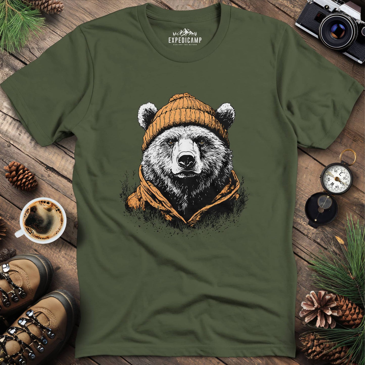 Winter Explorer Bear T-Shirt – Military Green – Outdoor apparel for travel, hiking, camping, and nature lovers – ExpediCamp