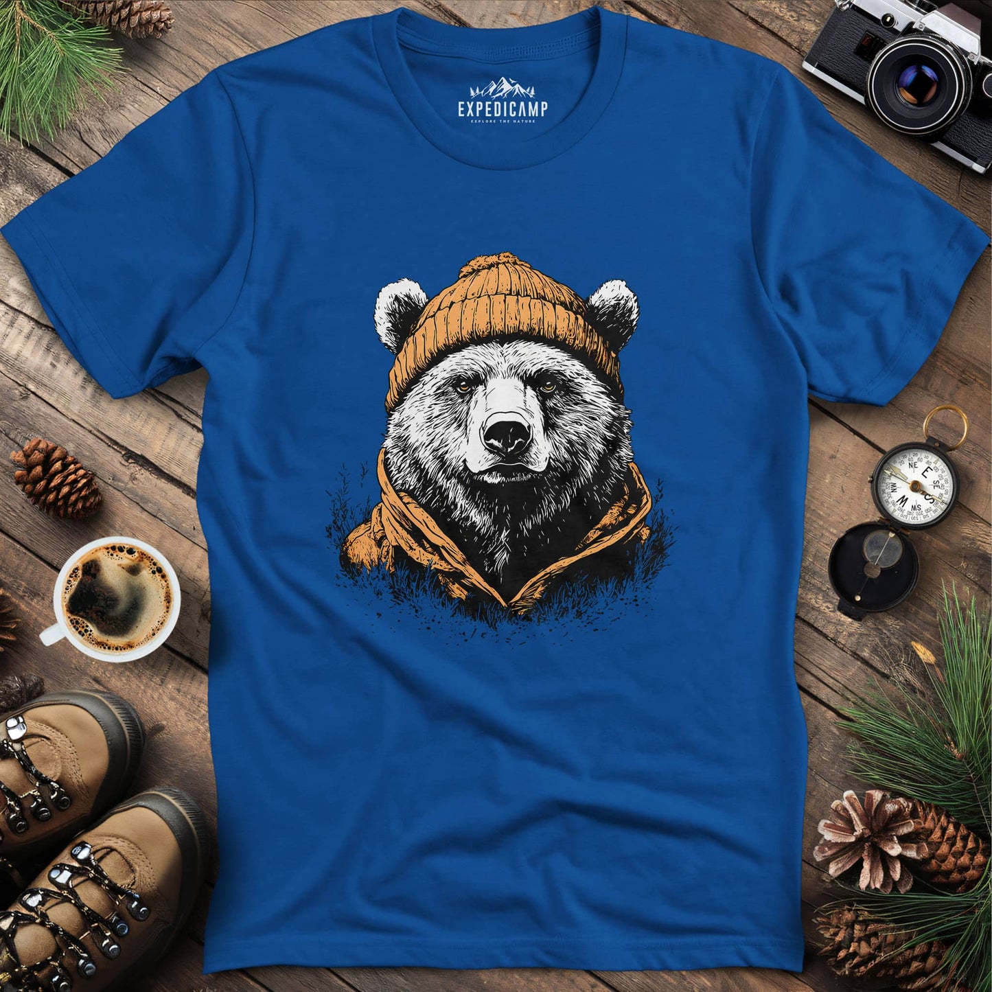 Winter Explorer Bear T-Shirt – Royal – Outdoor apparel for travel, hiking, camping, and nature lovers – ExpediCamp