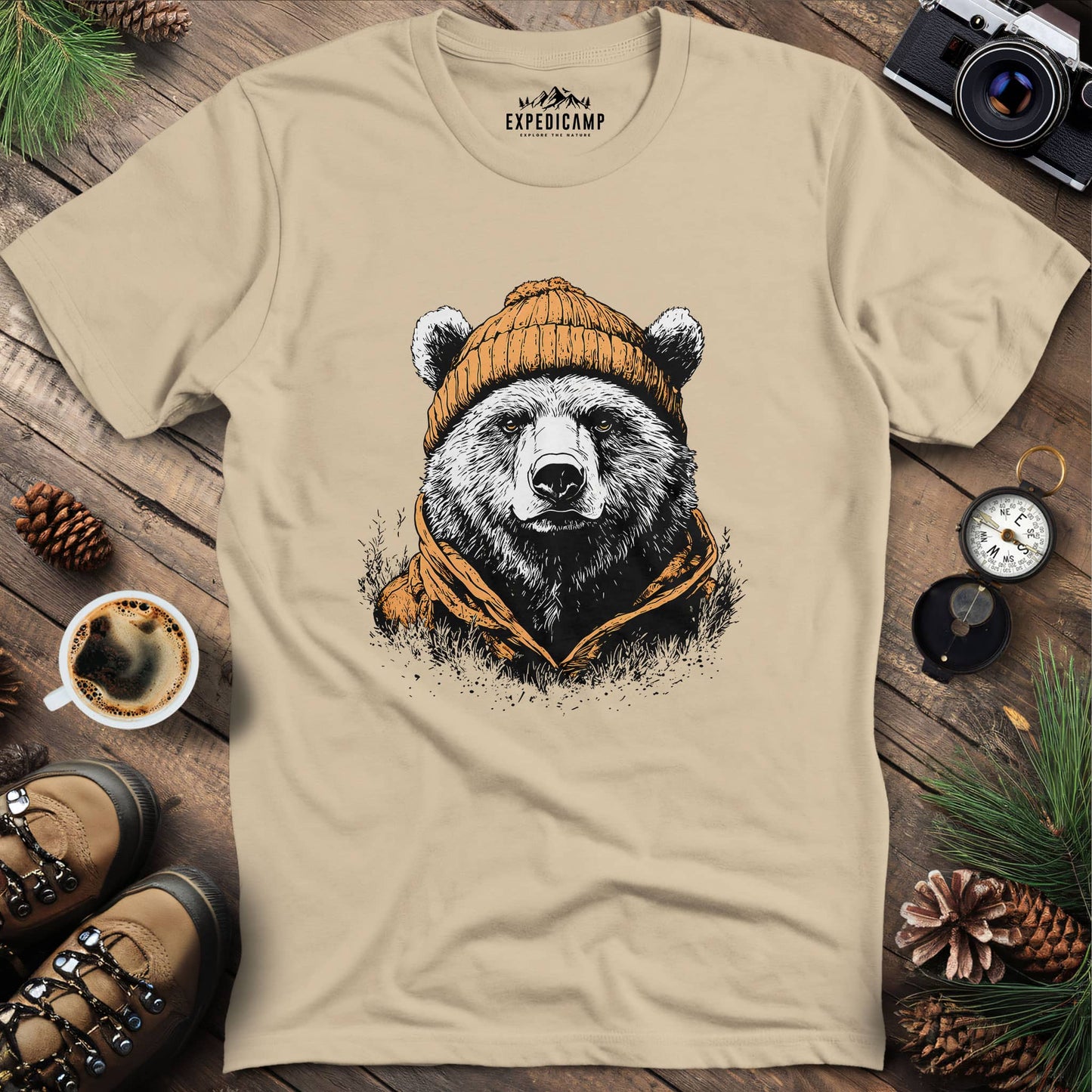 Winter Explorer Bear T-Shirt – Sand – Outdoor apparel for travel, hiking, camping, and nature lovers – ExpediCamp